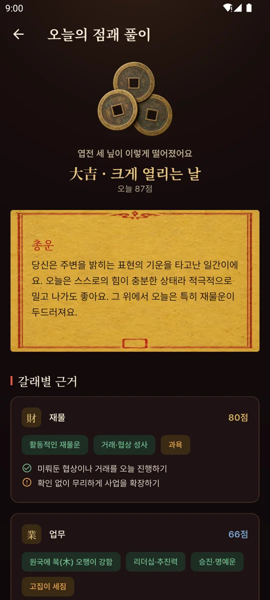 점괘 풀이 화면 — 갈래별 자세한 풀이